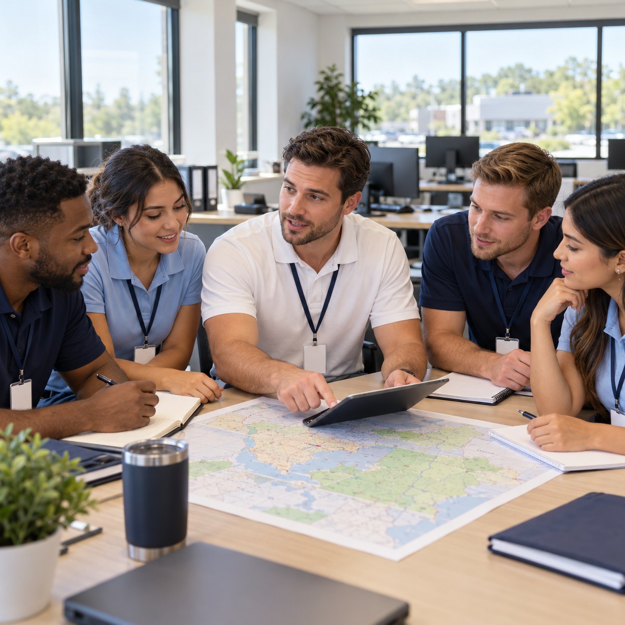 Illustrative artwork of a manager briefing a team around a table with a map and tablet