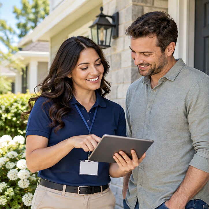 Illustrative artwork of a sales representative explaining services to a customer