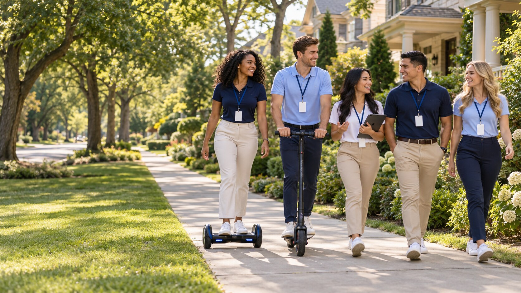 Illustrative artwork of an energetic sales team together on a neighborhood street
