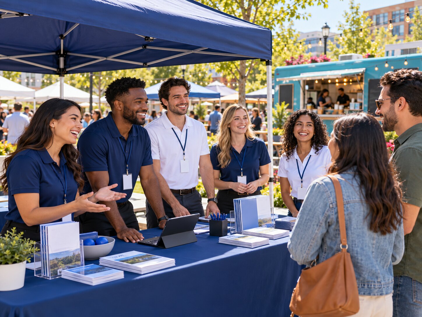 Illustrative artwork of a team welcoming people at a community pop-up event